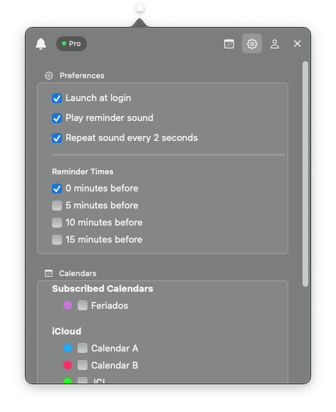 BigReminder settings panel showing preferences and calendar selection